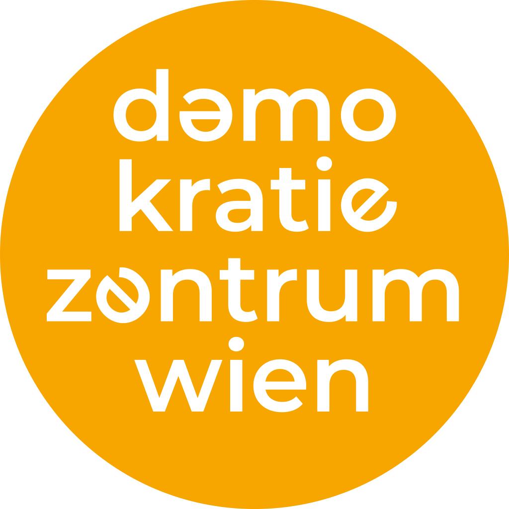 Logo des Demokratiezentrum Wien: weiße Schrift auf orangem Kreis