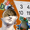ein Bild im Collagestil mit einer Uhr, einem Kalender und einem Frosch