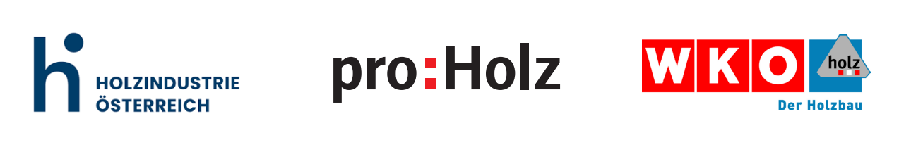 Logoleiste mit den Logos von Holzindustrie Österreich, proHHolz und der WKO Holz.